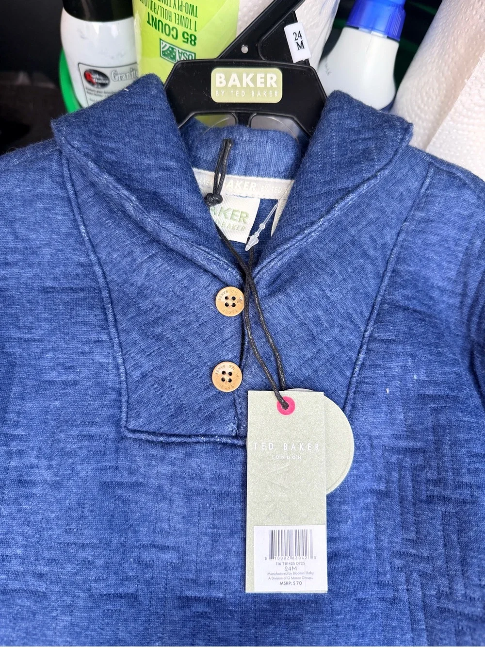 Ted Baker Navy Blue Hooded Knit Pullover with Wooden Buttons 24M